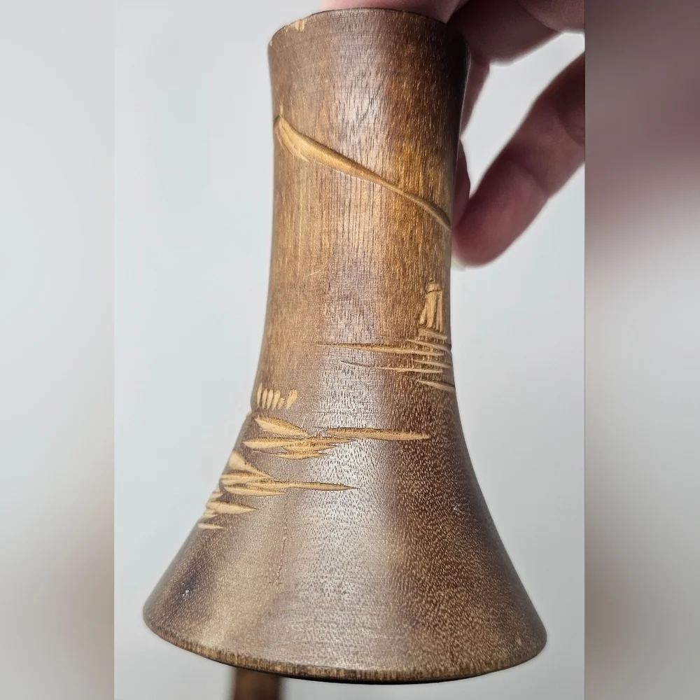 Handcrafted Asian Carved Wood Bud Vases/Candlestick Holders 4.25
