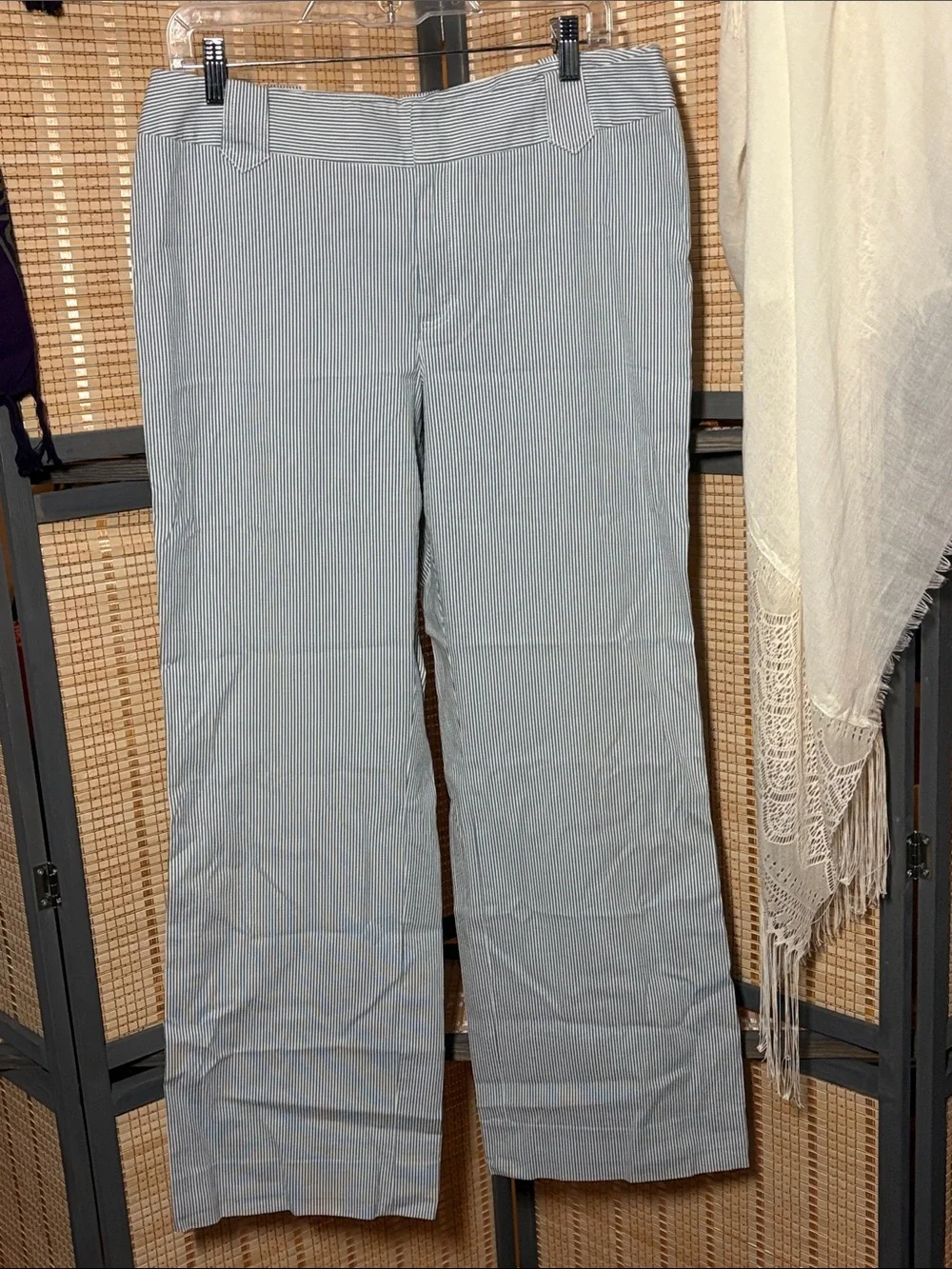 Light Blue and White Pinstripe Seersucker Wide Leg Trouser