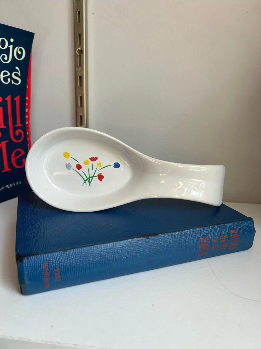 White Ceramic Spoon Rest with Colorful Floral Motif