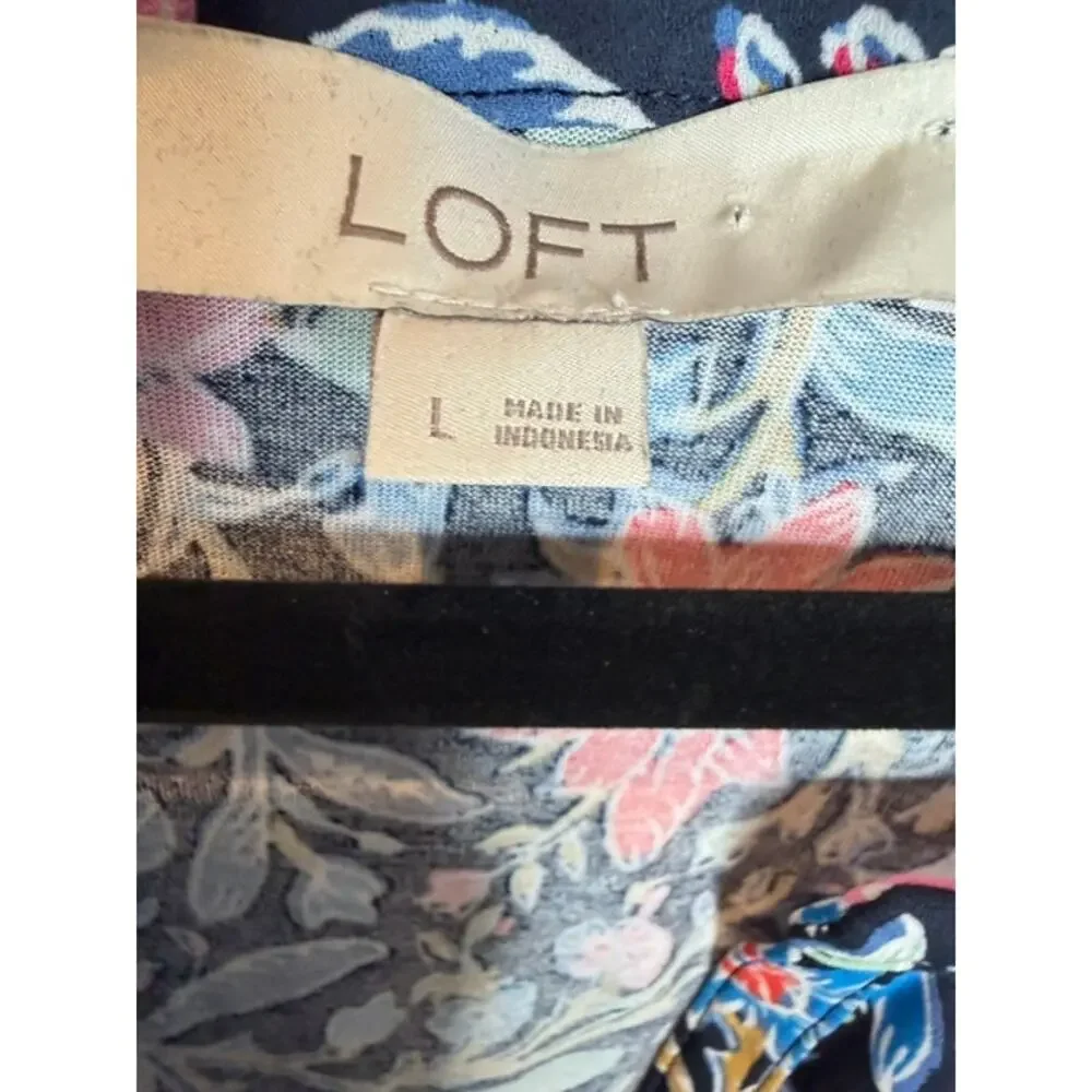 Loft Deep V-Neck Colorful Floral Blouse Puff Sleeve Sz Large