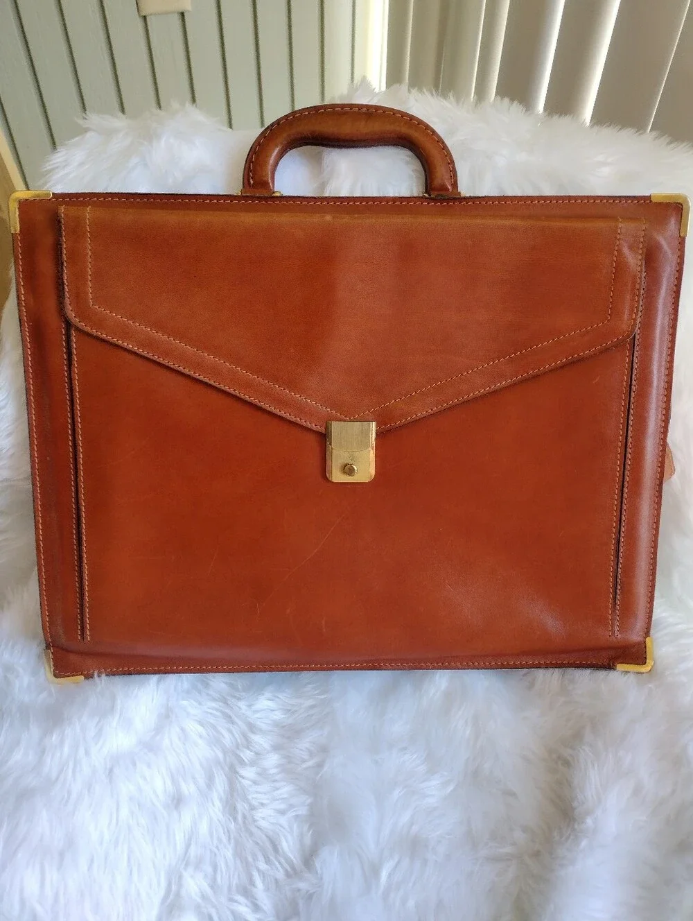 Men's Vintage Leather Briefcase Gold Hardware - Classic Professional Carry