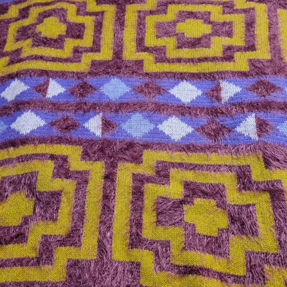 Free People Fuzzy Geometric Southwestern Fringe Poncho Wrap Purple Mustard OS
