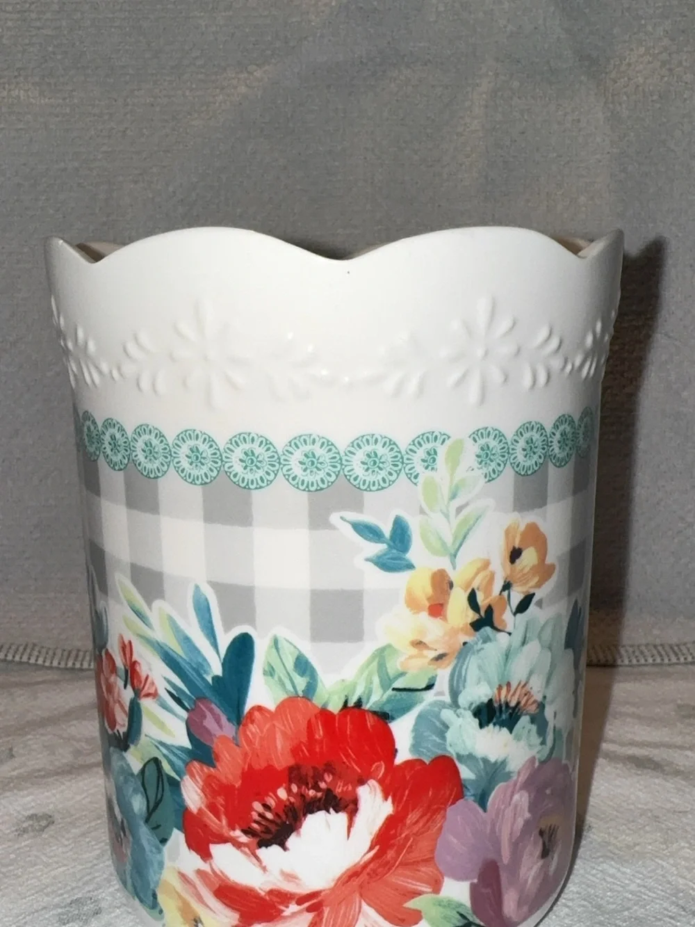 Floral Ceramic Utensil Holder - White with Multicolor Floral Pattern