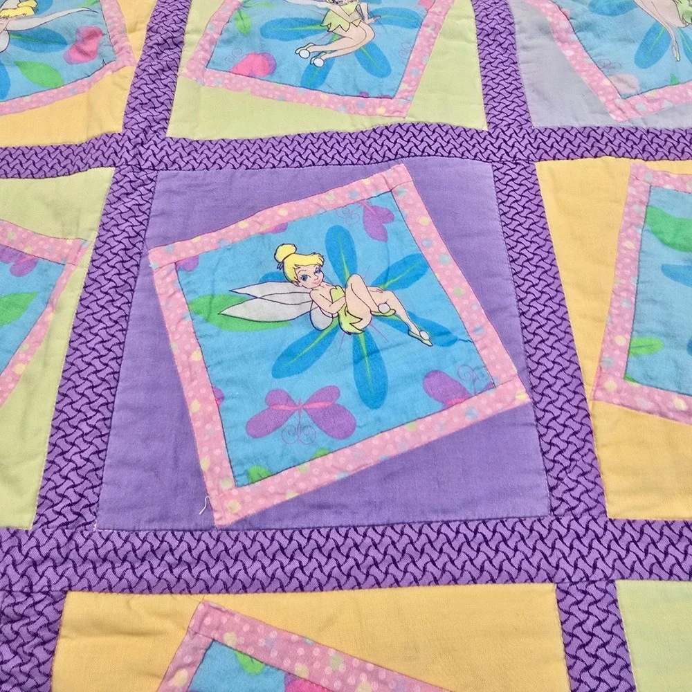 Disney Tinker Bell Handmade Quilt Blanket Fairy Patchwork Purple Yellow 55x46