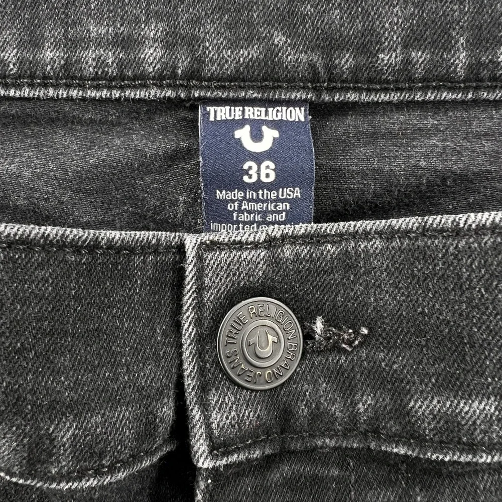True Religion Ricky Relaxed Straight Jeans Mens 36x31 Black USA Made Denim Flaps