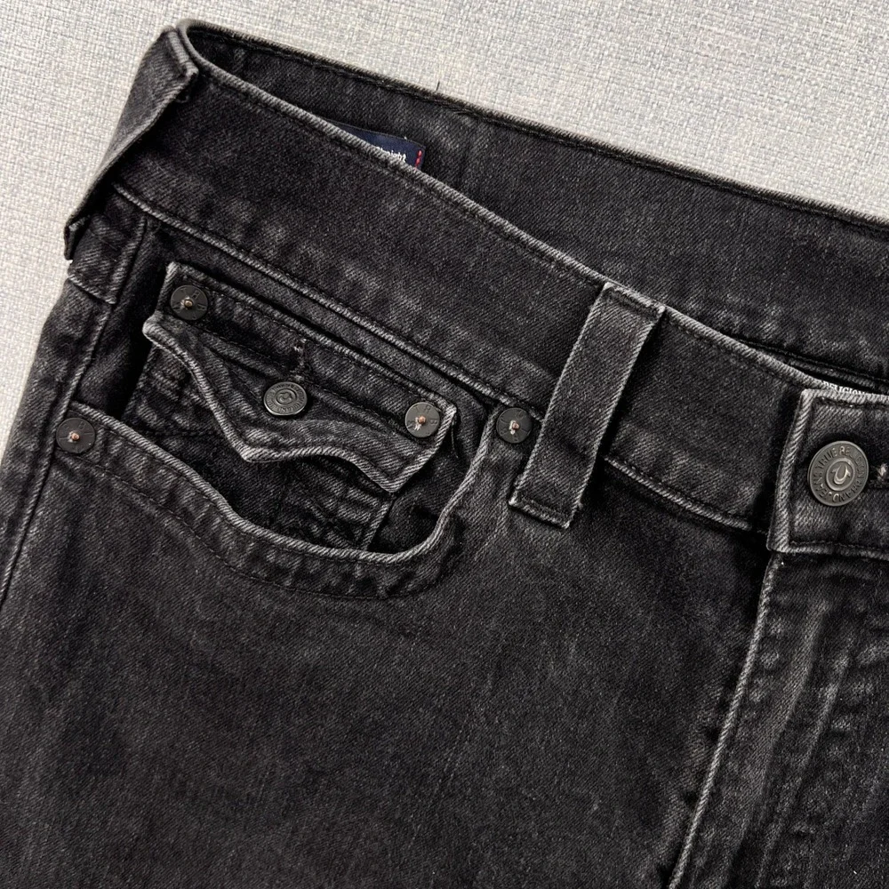 True Religion Ricky Relaxed Straight Jeans Mens 36x31 Black USA Made Denim Flaps