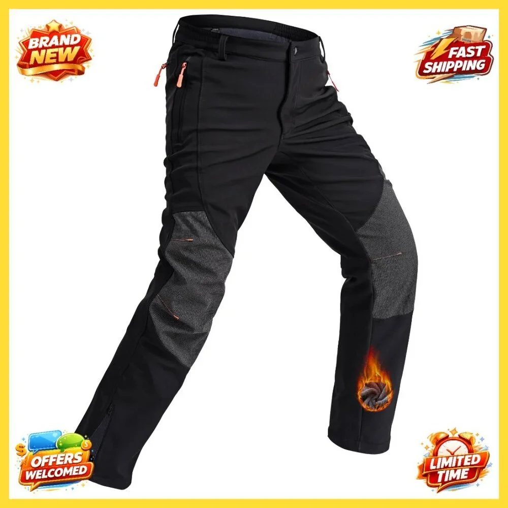 Men's Waterproof Fleece-Lined Ski Pants, Windproof Softshell with Zippered