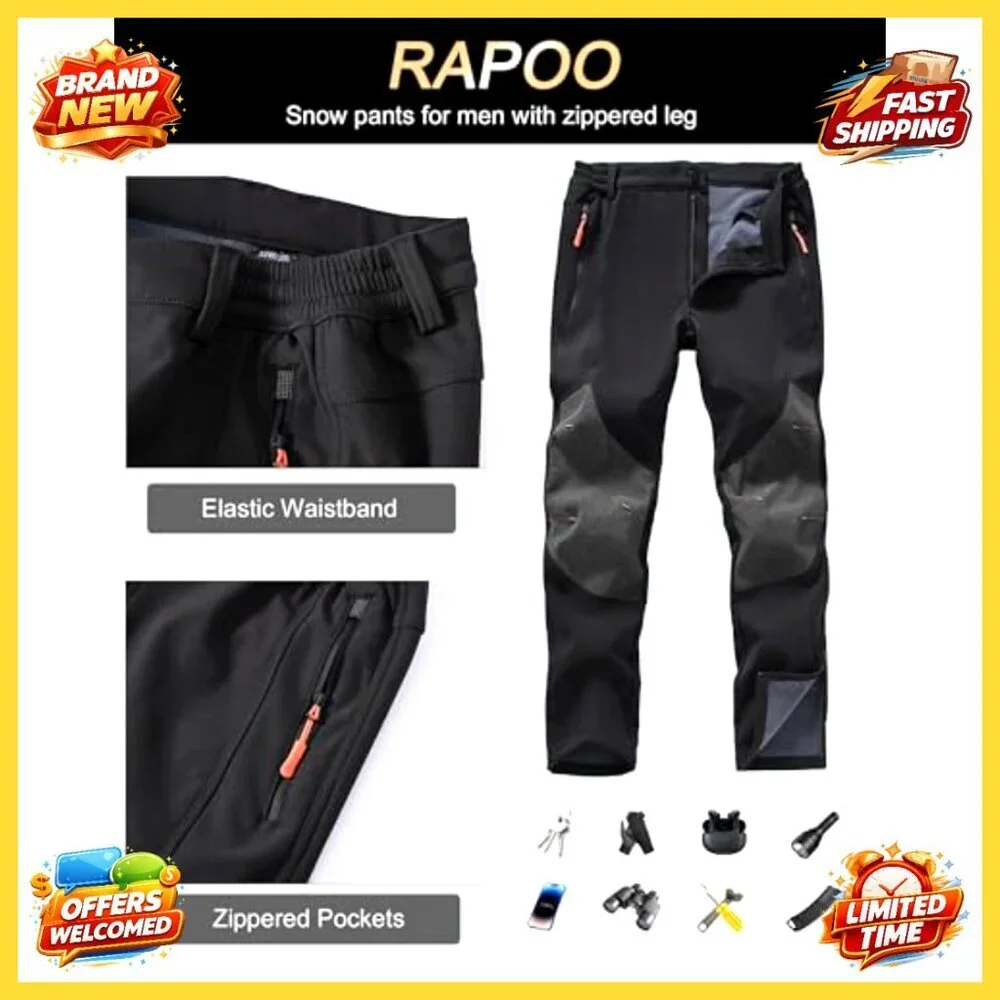 Men's Waterproof Fleece-Lined Ski Pants, Windproof Softshell with Zippered