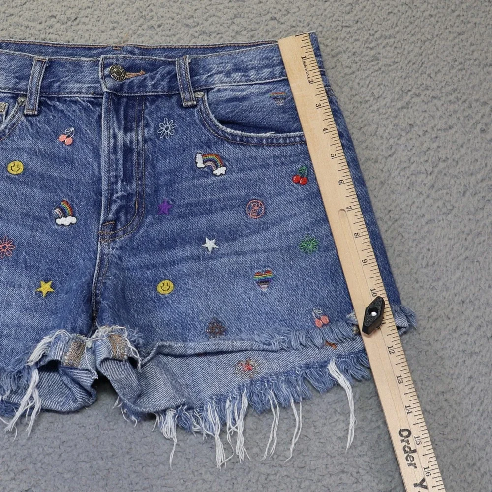 American Eagle 90s Boyfriend Shorts Blue Embroidered Denim Cut Off Size 2