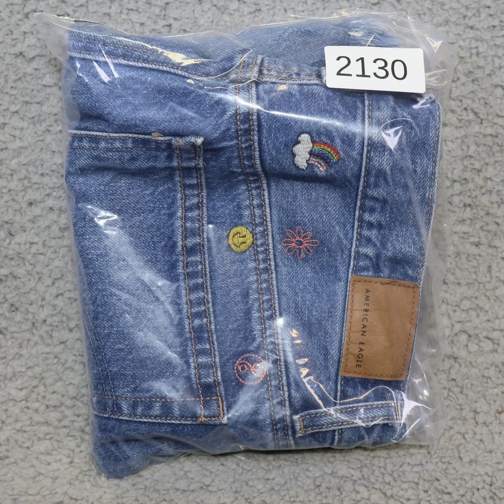 American Eagle 90s Boyfriend Shorts Blue Embroidered Denim Cut Off Size 2