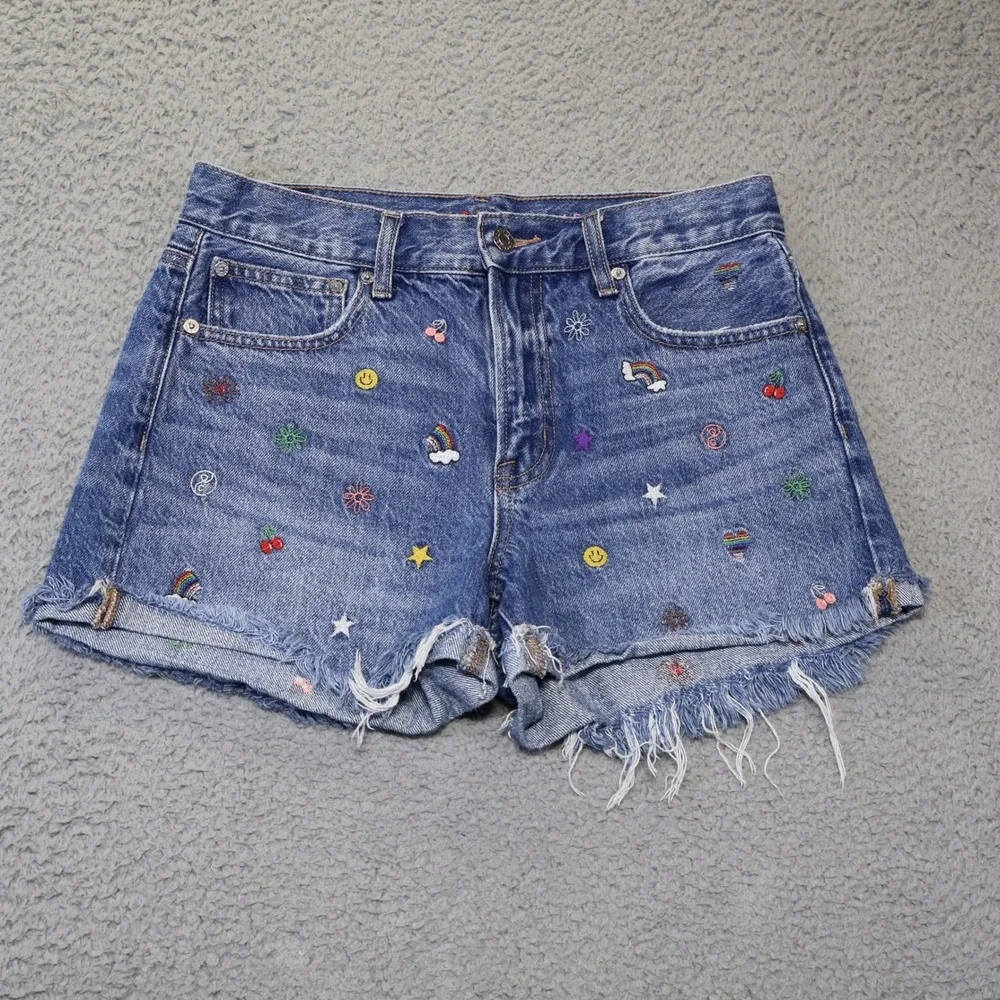 American Eagle 90s Boyfriend Shorts Blue Embroidered Denim Cut Off Size 2