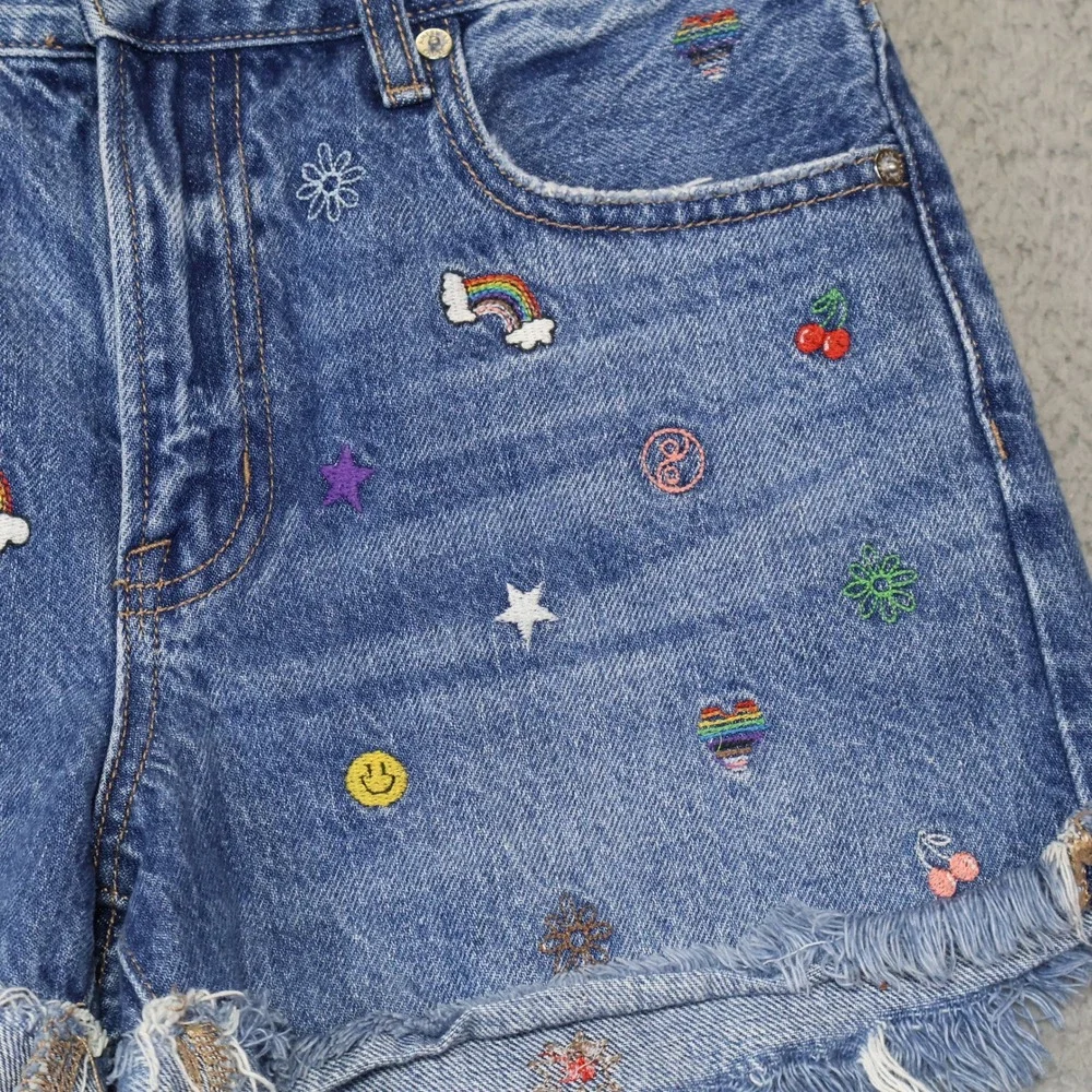 American Eagle 90s Boyfriend Shorts Blue Embroidered Denim Cut Off Size 2