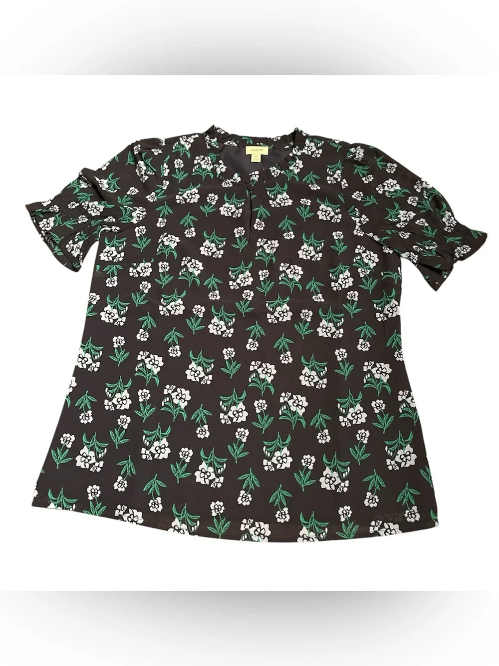 J Crew Factory women’s Short-sleeve printed ruffleneck top blue floral Sz XS NWT