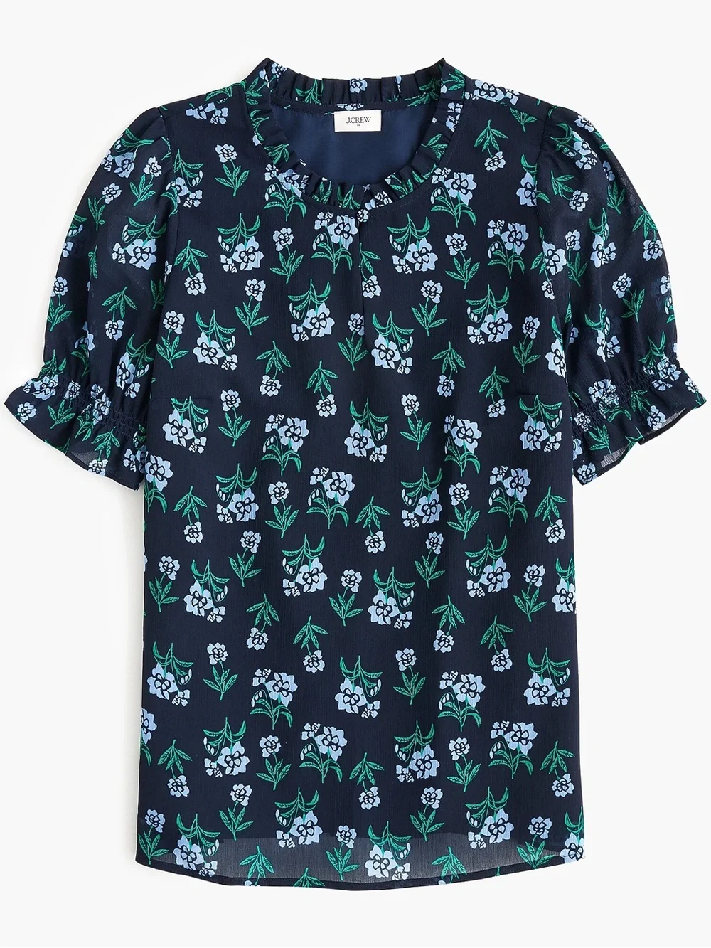 J Crew Factory women’s Short-sleeve printed ruffleneck top blue floral Sz XS NWT