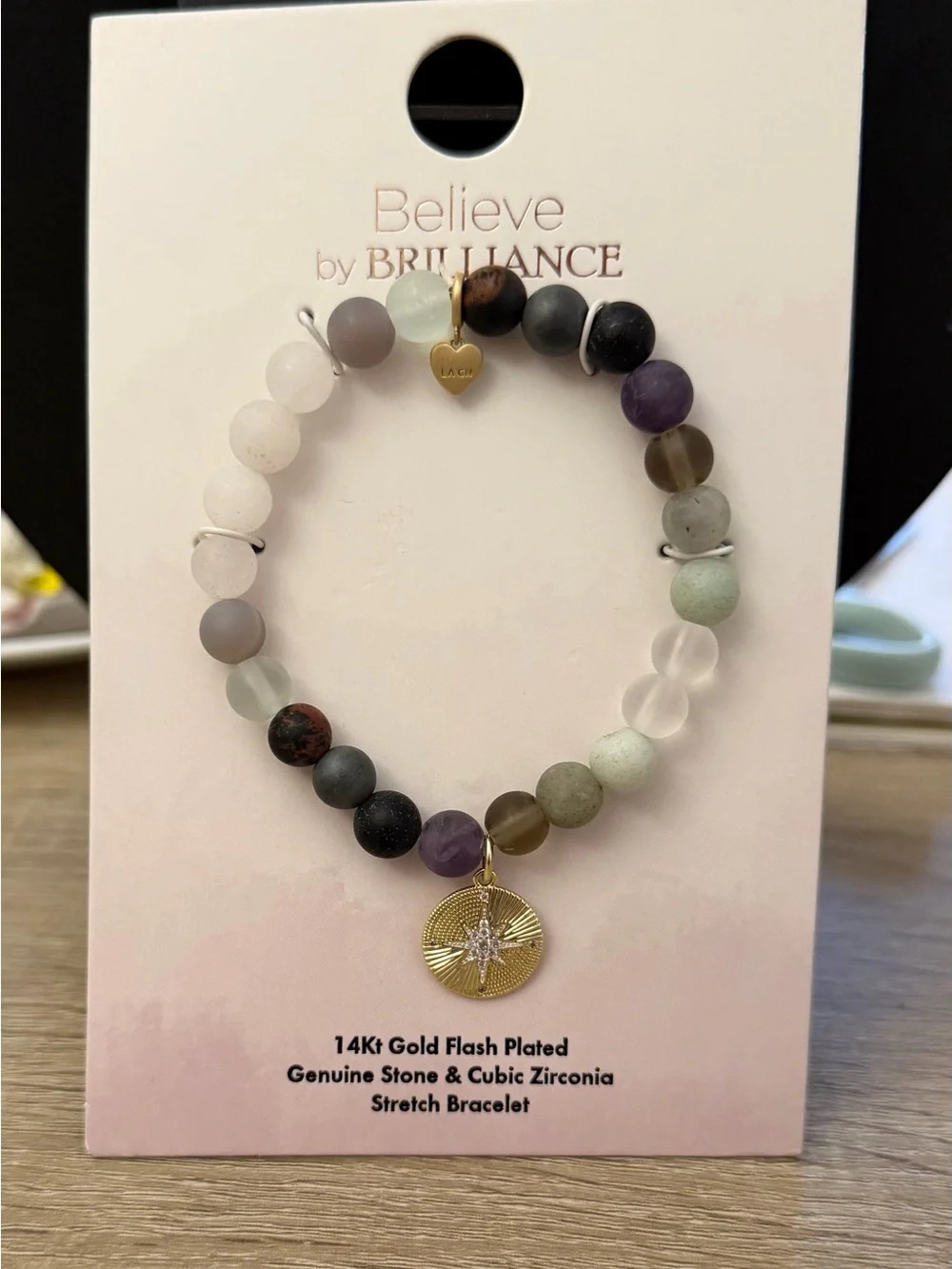 Believe by Brilliance Genuine Stone Stretch Bracelet CZ Charm NWT