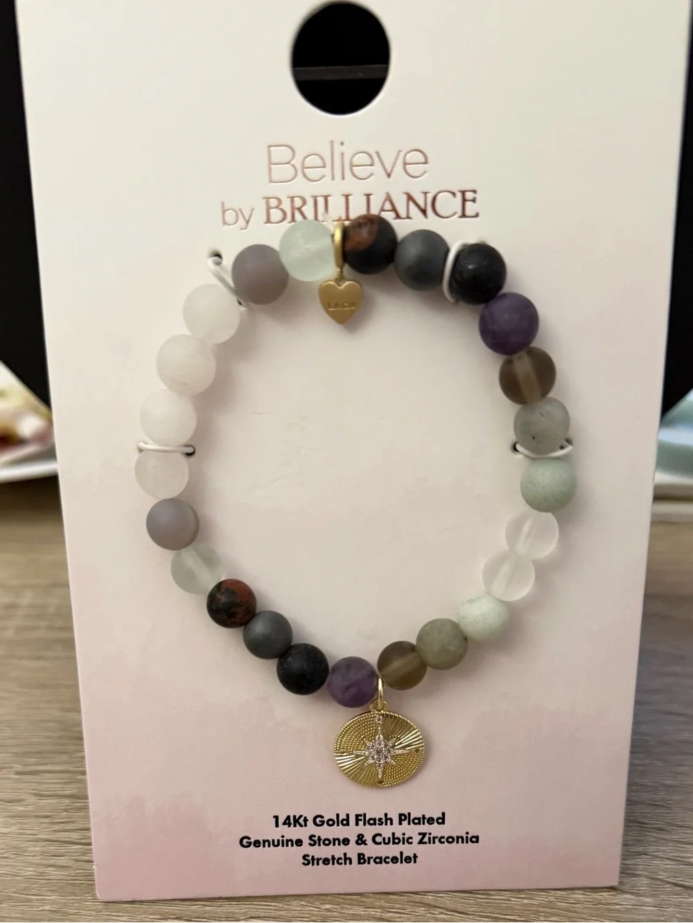 Believe by Brilliance Genuine Stone Stretch Bracelet CZ Charm NWT