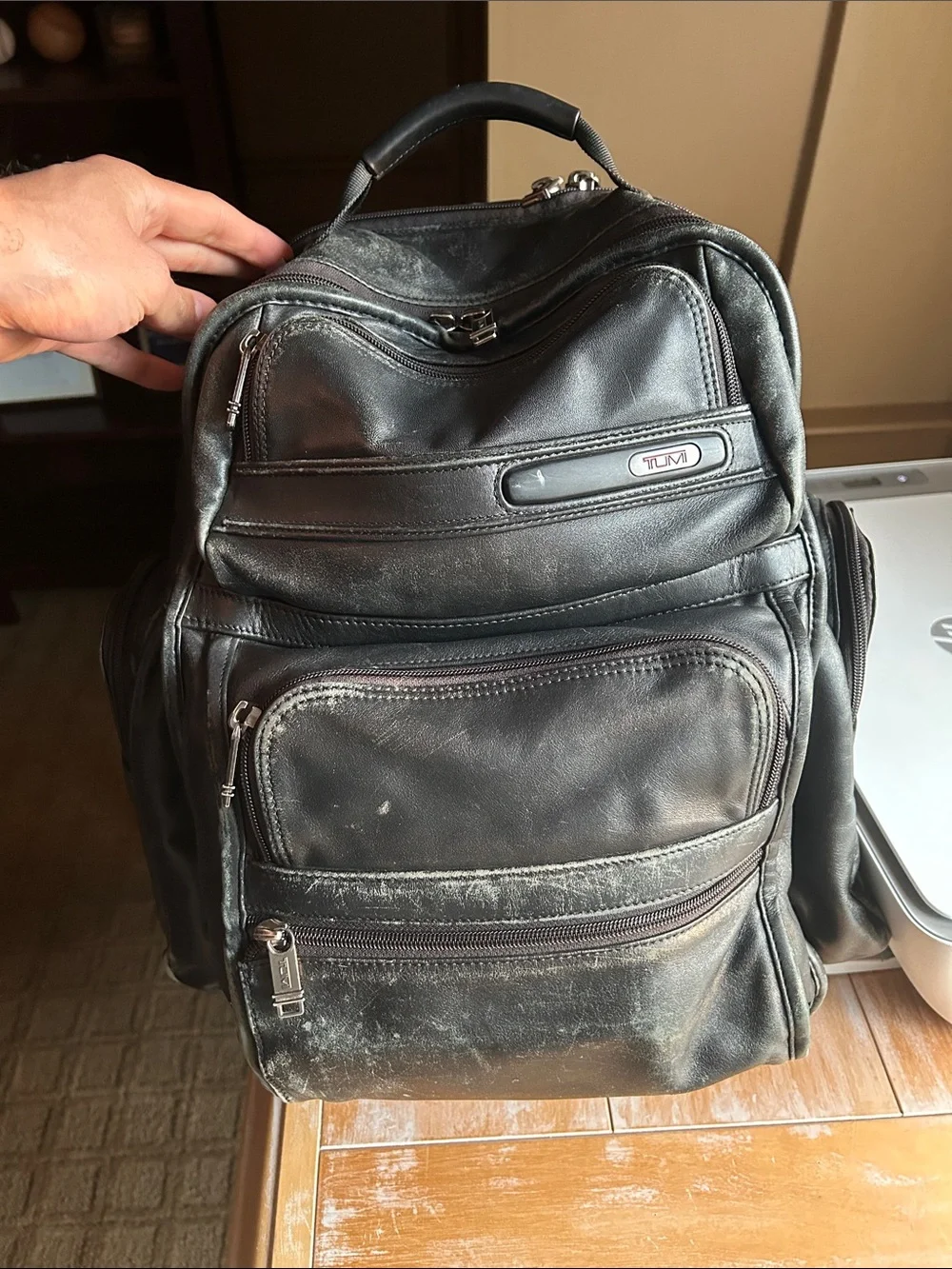Tumi Black Leather Multi-Compartment Backpack