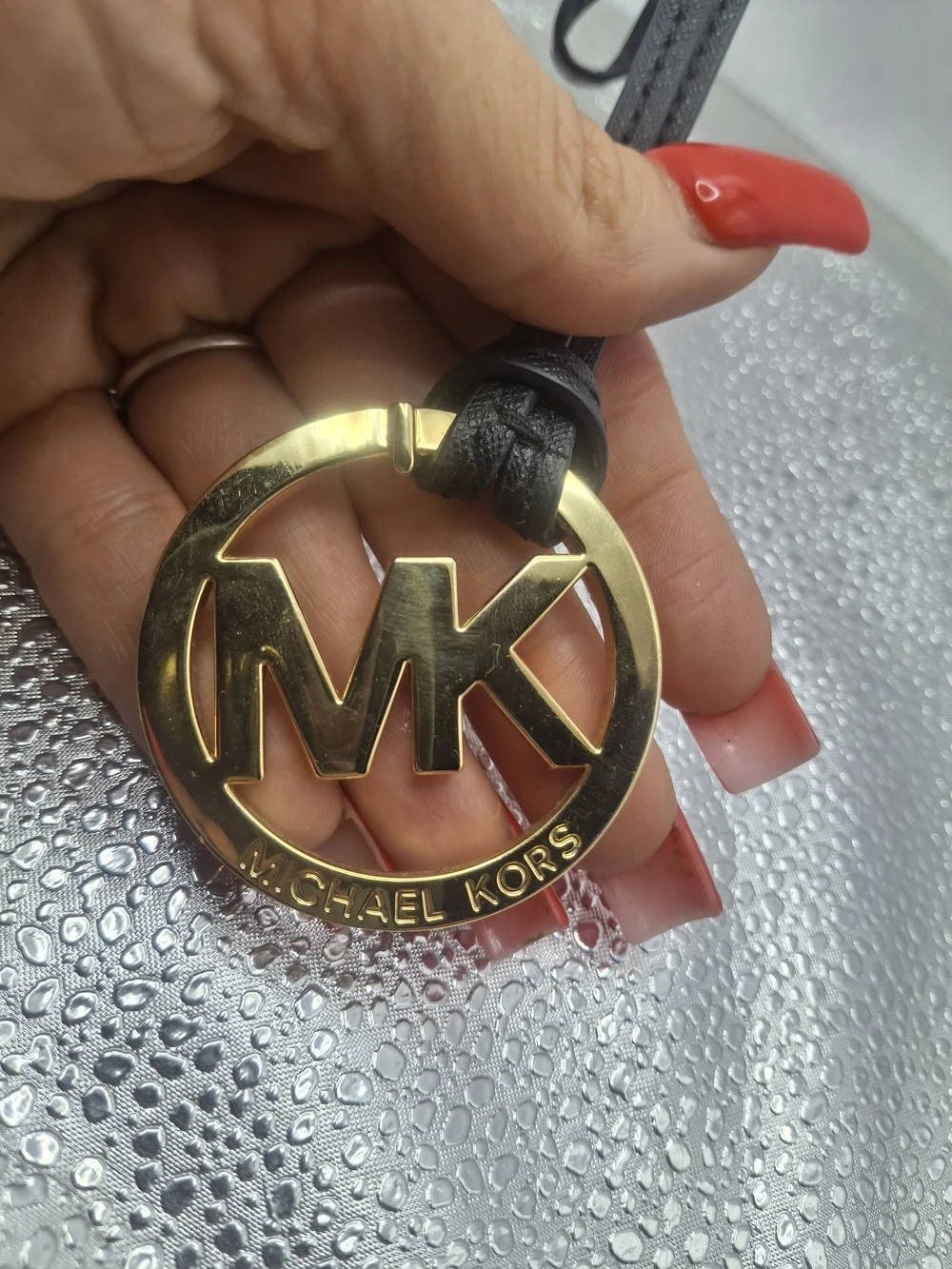 Michael Kors Gold MK Logo Keychain with Black Strap / Spare Purse Charm