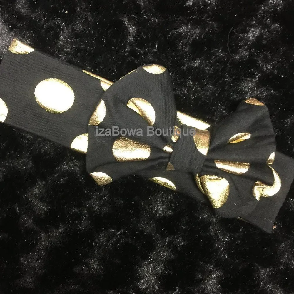 Black & Gold Dot Bow Tie Cotton Headband  (2)  HB995  Handmade NWT Boutique