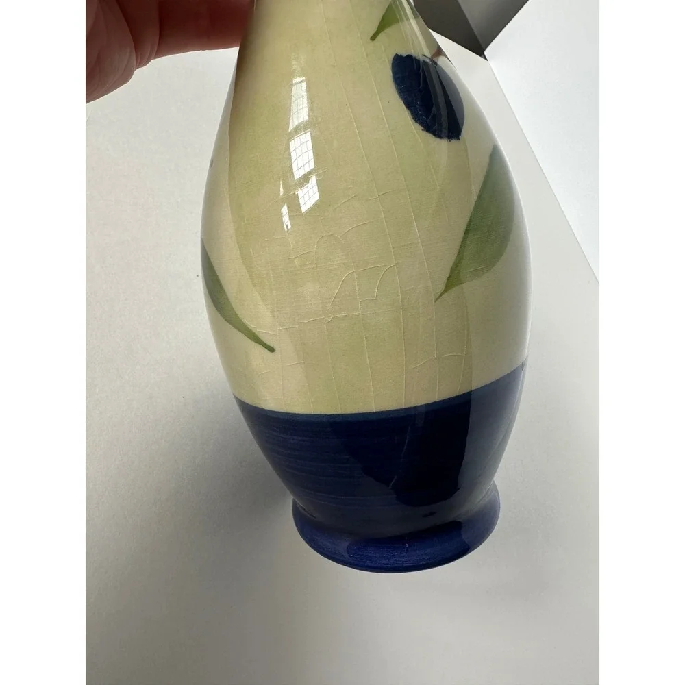 Ceramica AM Italy Hand Decorated Olive Branch Ceramic Vase Blue Cream 10 Inch