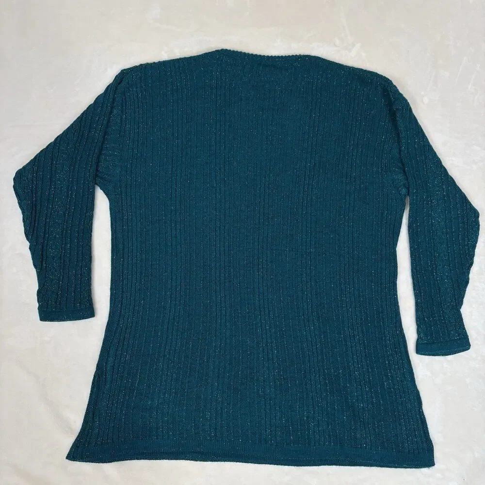 Vintage Diane Von Furstenburg Teal Green Metallic Cable Knit Sweater Womens 1X2\