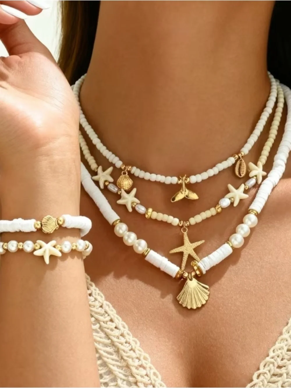 Layered Gold & White Beach Charm Necklace Set of 3 + 2 Bracelets