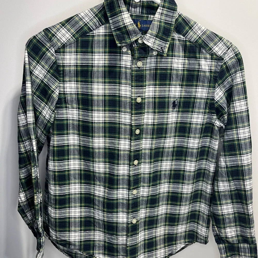 Ralph Lauren Boys Medium Green White Navy Plaid Button Down Shirt