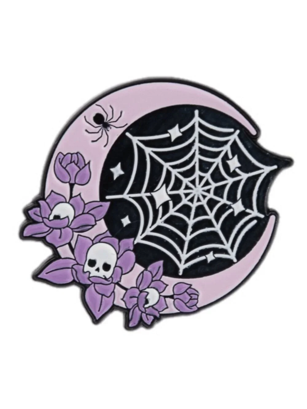 Pastel Gothic Moon Spiderweb Skull Floral Enamel Pin