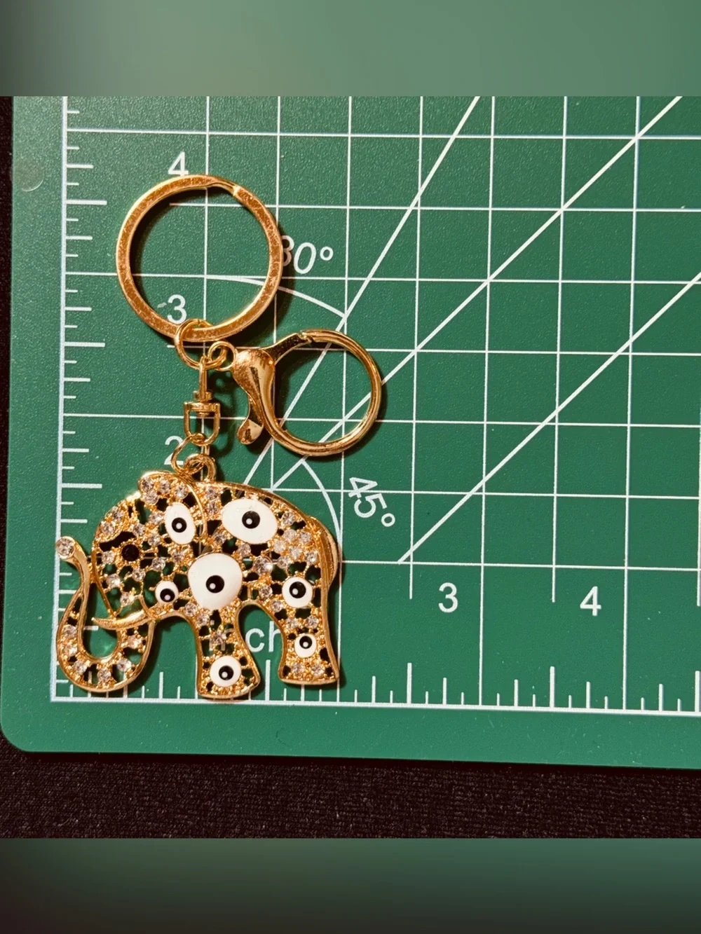 NWT Crystal Rhinestone Elephant Evil Eye Keychain Bag Charm Gold Tone White
