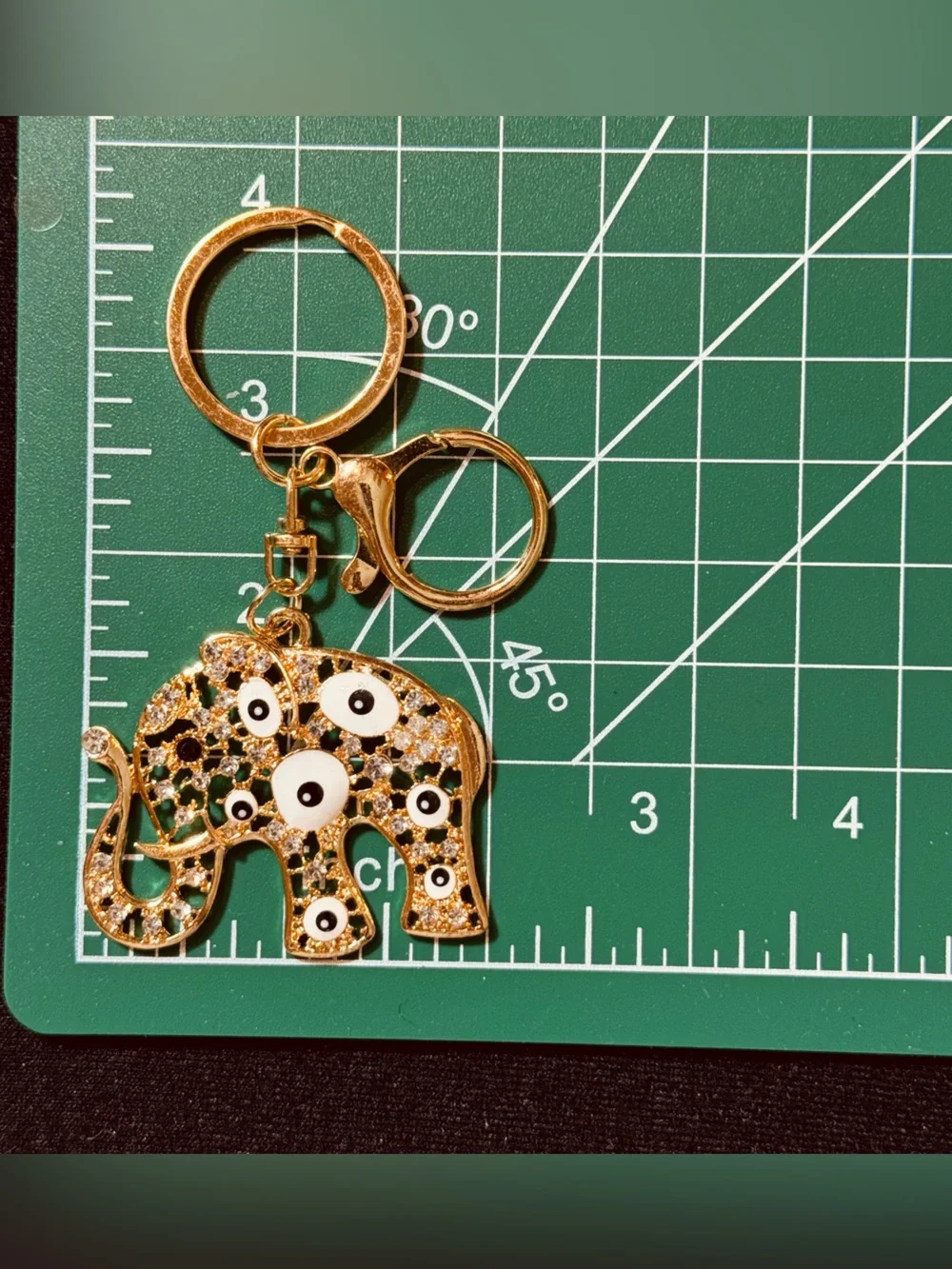 NWT Crystal Rhinestone Elephant Evil Eye Keychain Bag Charm Gold Tone White