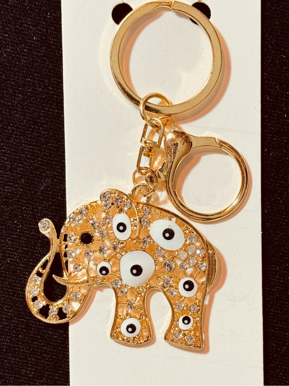 NWT Crystal Rhinestone Elephant Evil Eye Keychain Bag Charm Gold Tone White
