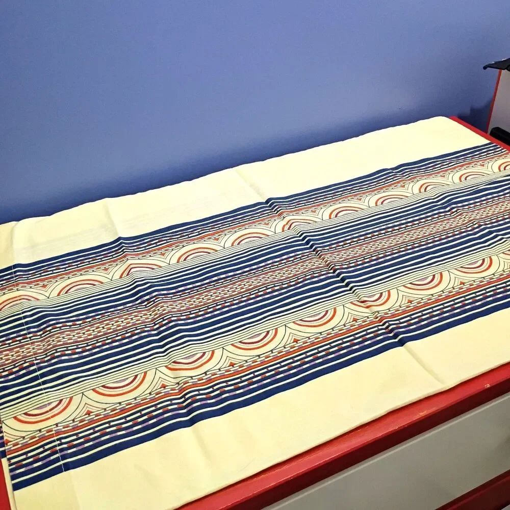 Vintage 70s Wamsutta King Pillowcase Geometric Tan/Navy Blue Arches Rainbows
