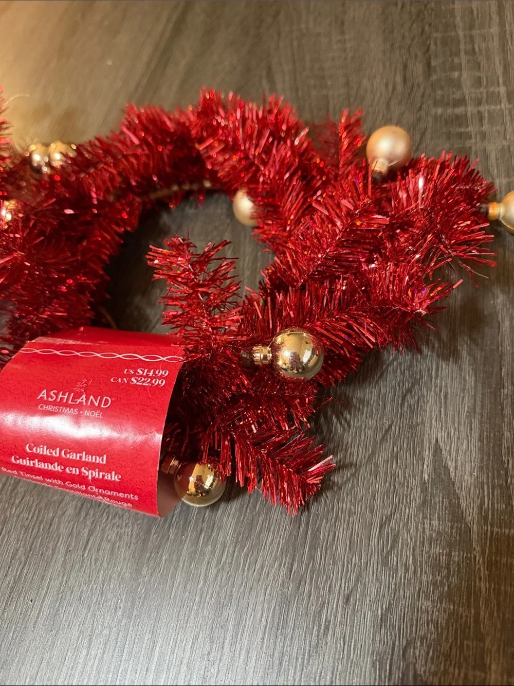 Red Tinsel Garland with Gold Ornaments - Set of 2
