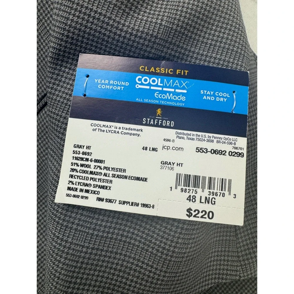 Stafford Men 48L Gray CoolMax Performance Wool Blend Classic Suit Jacket Blazer