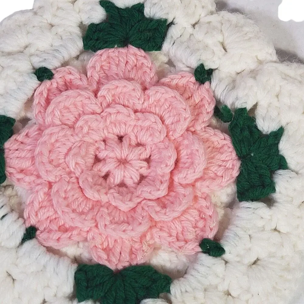 VTG Handmade Crochet 3D Pink Flower Pot holder Trivet Hot Pad Kitchen Decor