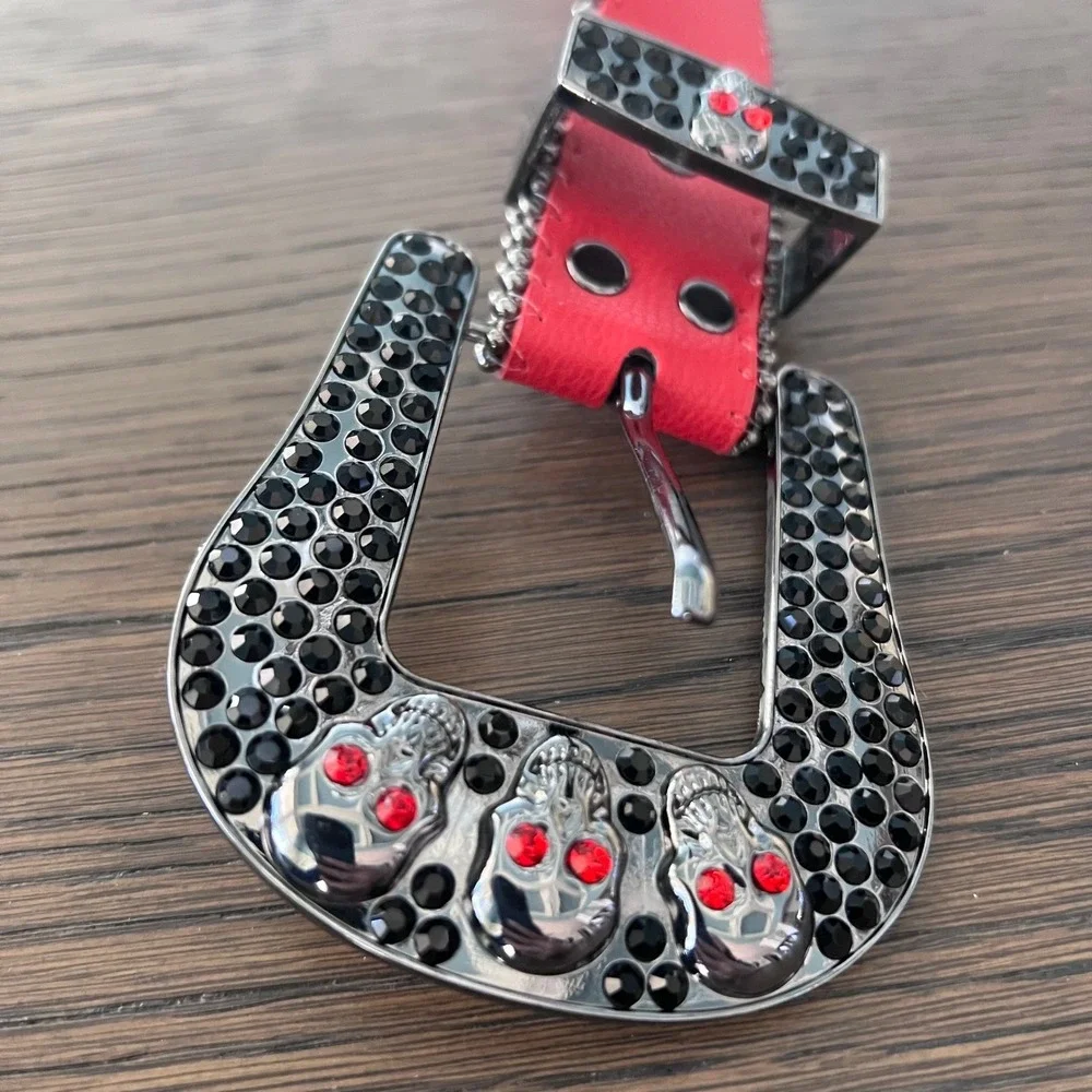 Hot Pink Red Rhinestone Skull Buckle‎ Western Sparkly Belt Women's Belt