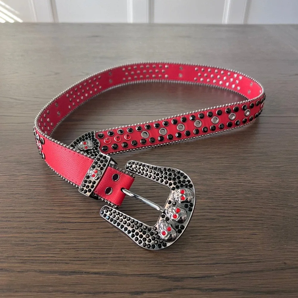 Hot Pink Red Rhinestone Skull Buckle‎ Western Sparkly Belt Women's Belt