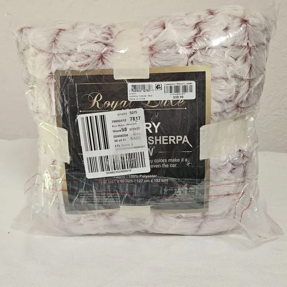 Royal Luxe Faux Fur Sherpa Throw Blanket 50x60 Ivory Red Soft Plush Reversible‎