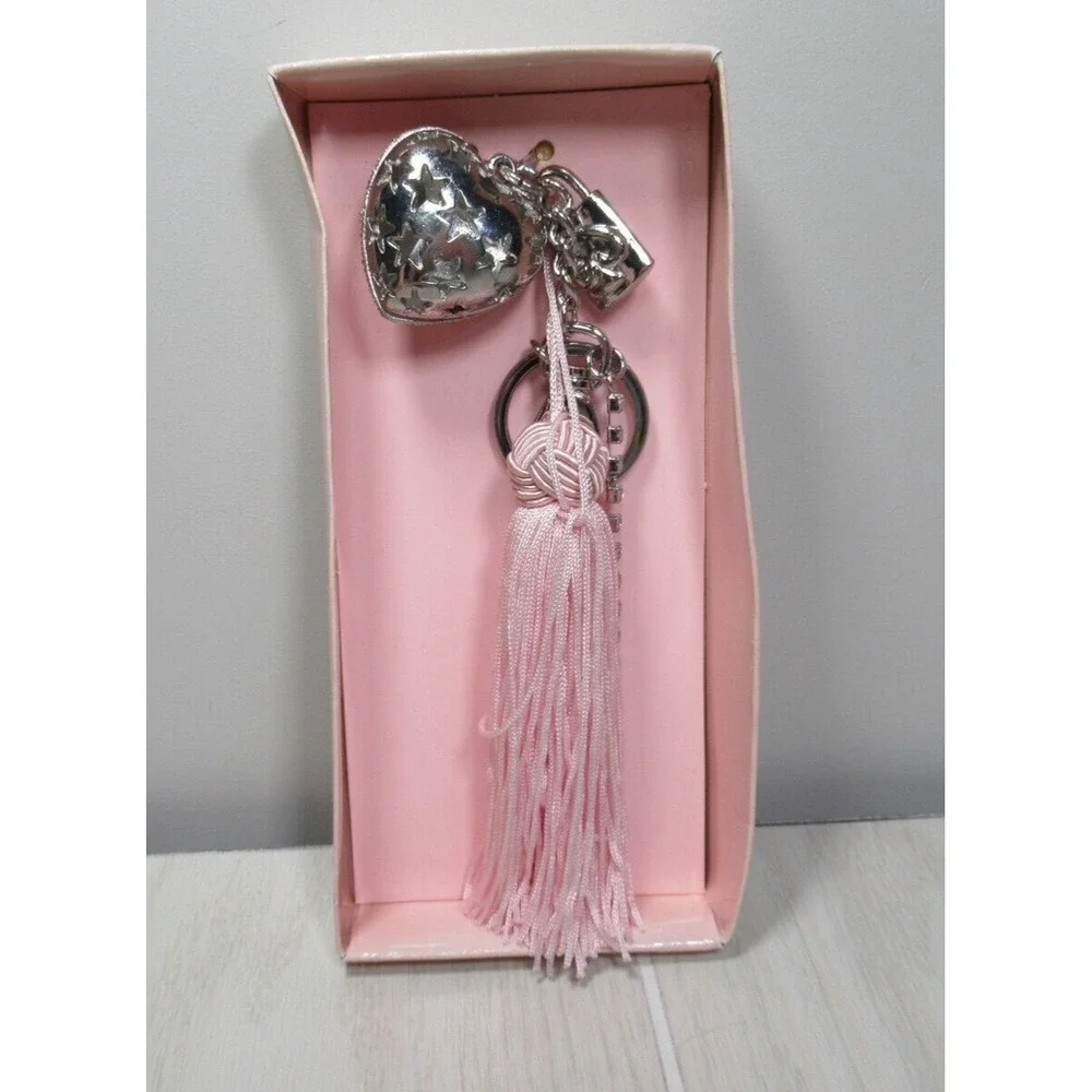 Ulta cosmetics Silver tone pink tassel heart lock gems charms keychain bag clip