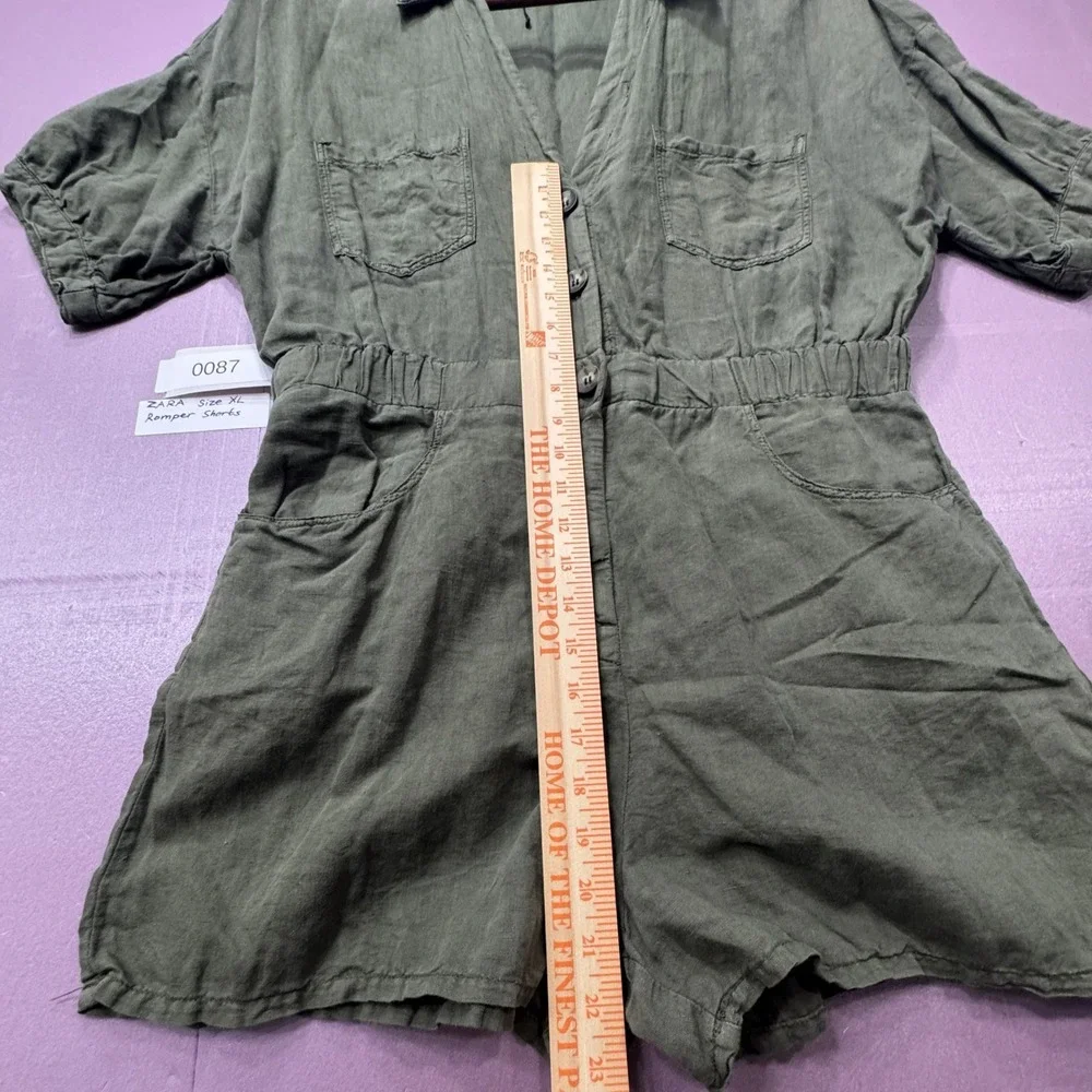 Zara‎ Romper Women XL Olive Green Button Front Utility Linen Blend Short