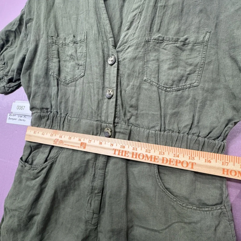 Zara‎ Romper Women XL Olive Green Button Front Utility Linen Blend Short