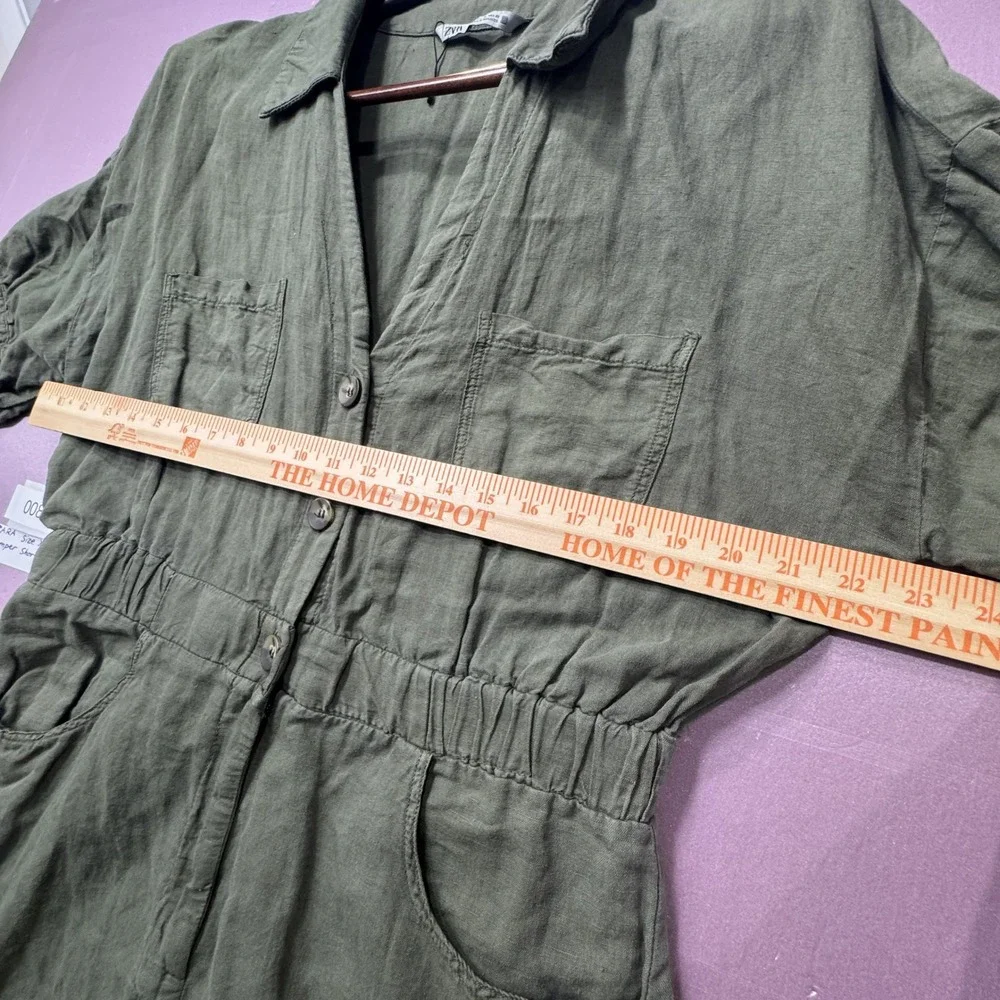 Zara‎ Romper Women XL Olive Green Button Front Utility Linen Blend Short