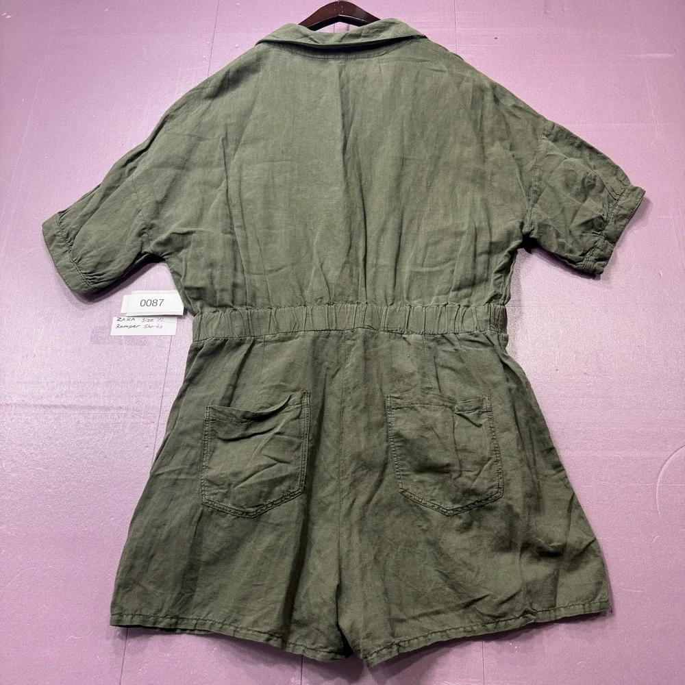 Zara‎ Romper Women XL Olive Green Button Front Utility Linen Blend Short