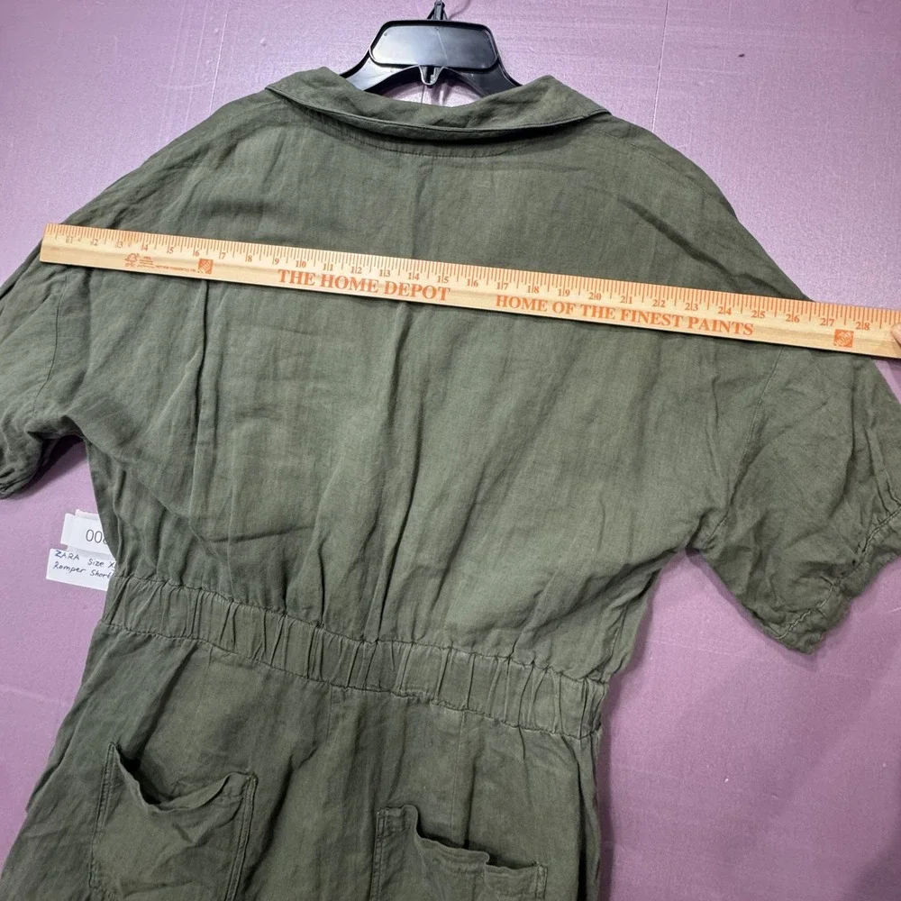 Zara‎ Romper Women XL Olive Green Button Front Utility Linen Blend Short