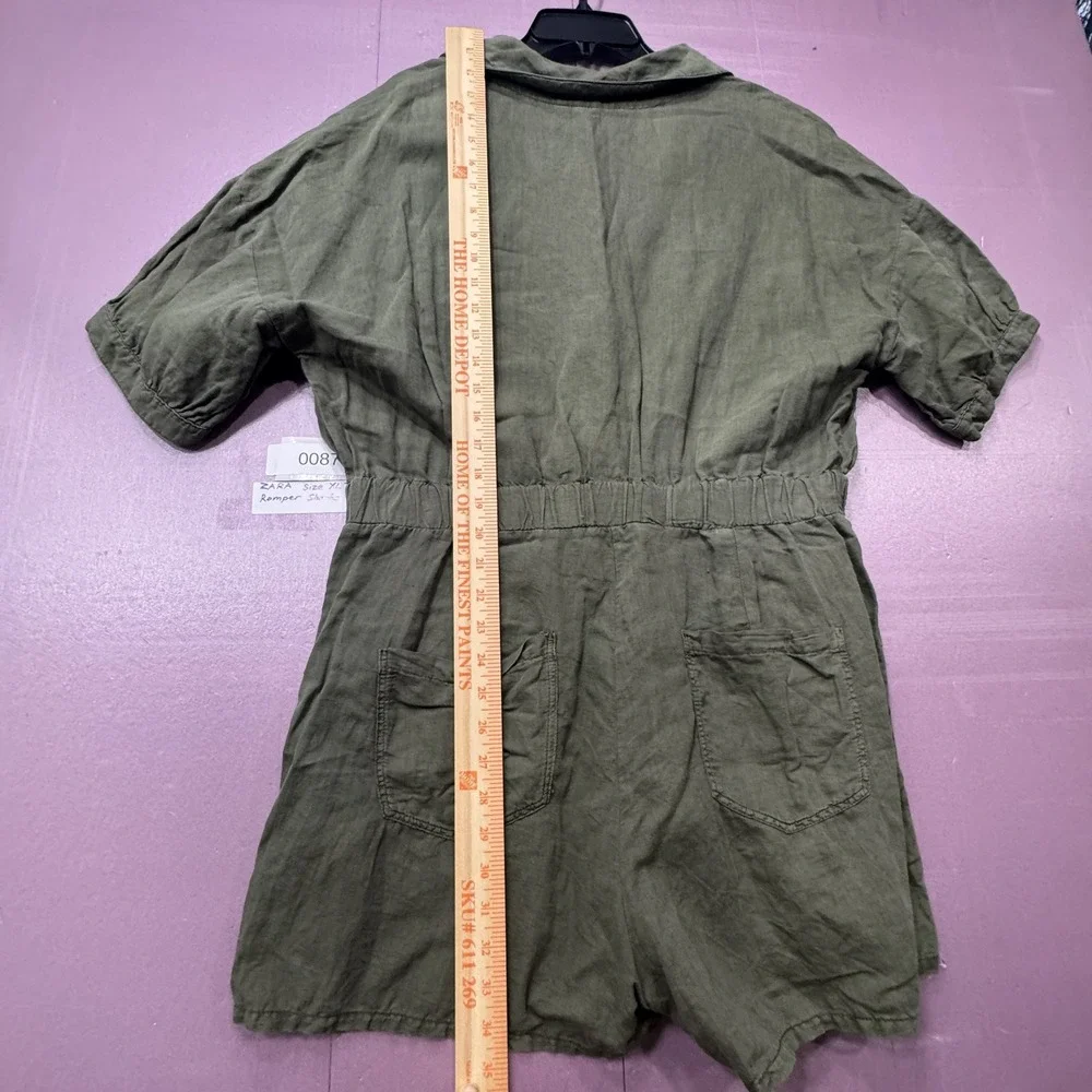 Zara‎ Romper Women XL Olive Green Button Front Utility Linen Blend Short