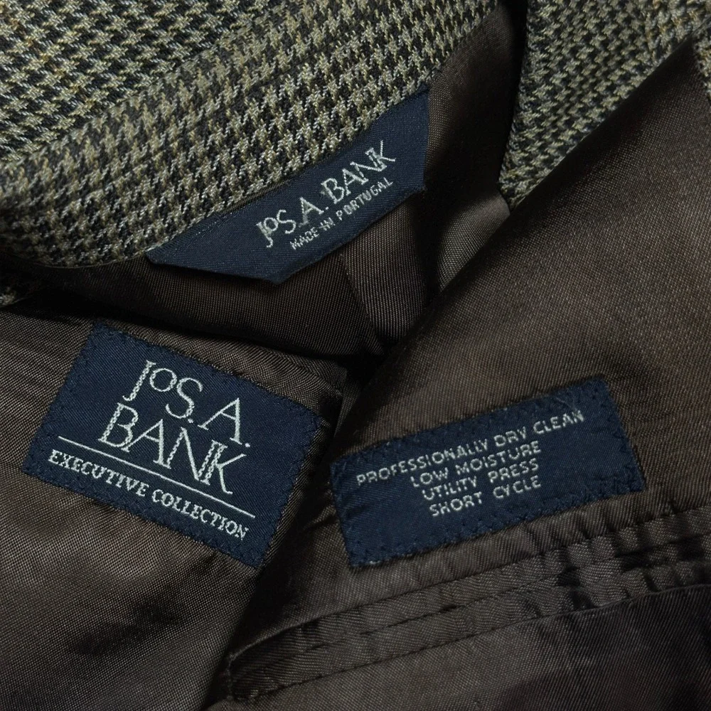 Jos A Bank Sport Coat Mens 42L Silk Wool Houndstooth Brown Two Button Blazer