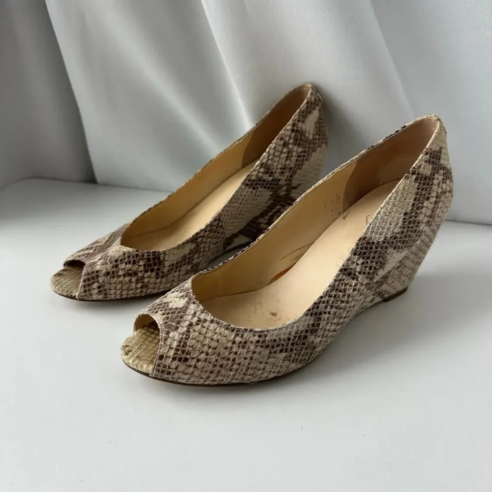 Ivanka Trump (8.5) Neutral Snakeskin Open Toe Sandal Wedge Heels
