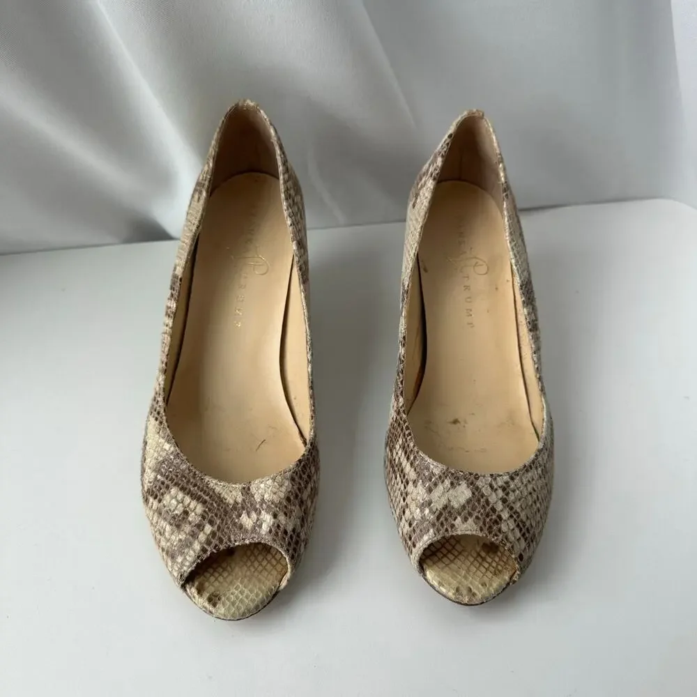 Ivanka Trump (8.5) Neutral Snakeskin Open Toe Sandal Wedge Heels