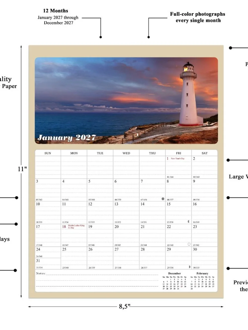 2027 Calendar Magnetic Peel & Stick 12 Months 8.5