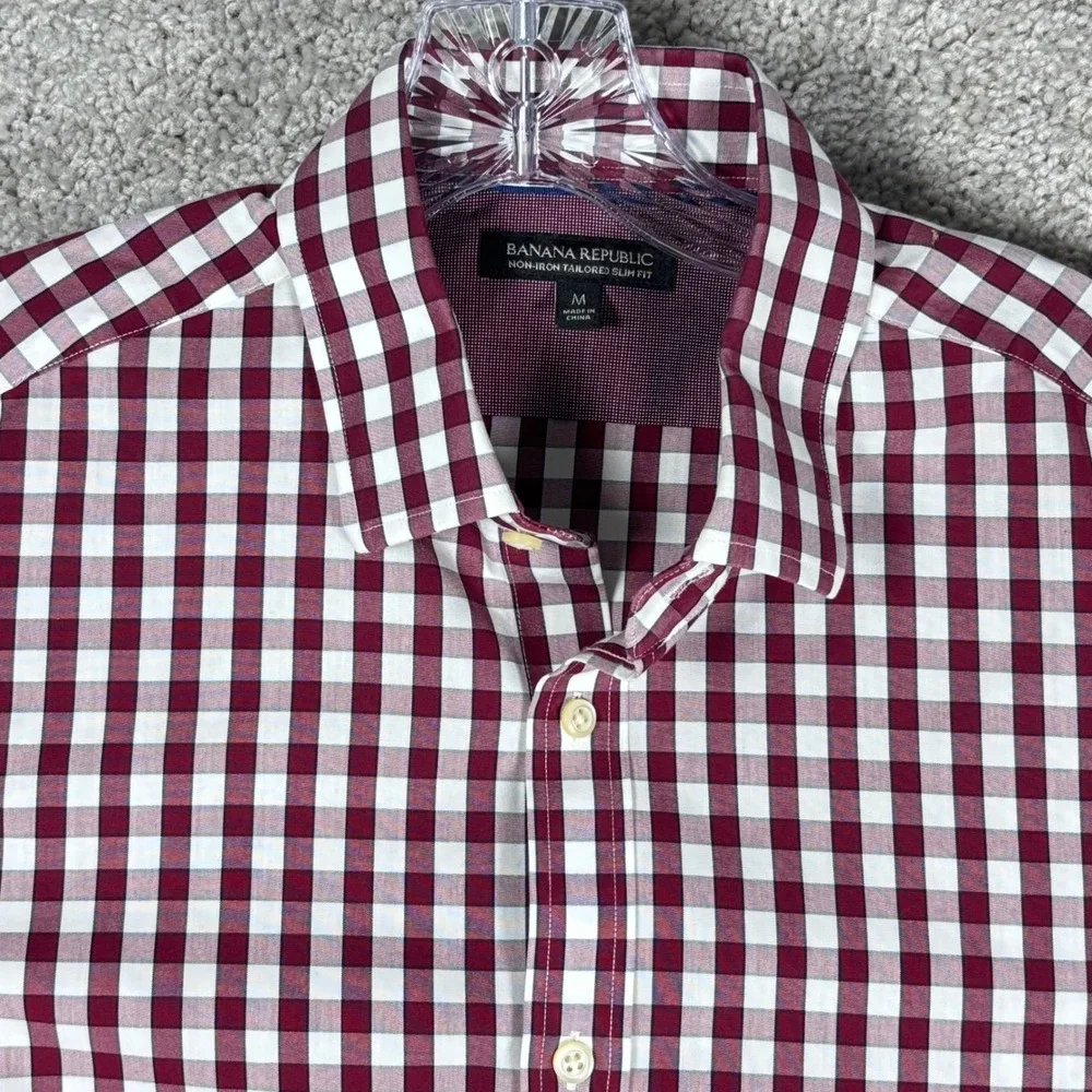 Banana Republic Mens Burgundy Gingham Non Iron Tailored Slim Fit Dress‎ Shirt M